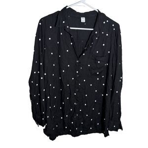 Old Navy Shirt Women's Large Black Polka Dot Button Up Collared Long Sleeve